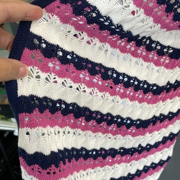 Alfred Dunner Crochet Striped raspberry blue & white open Cardigan Long Sleeve M - Picture 5 of 14